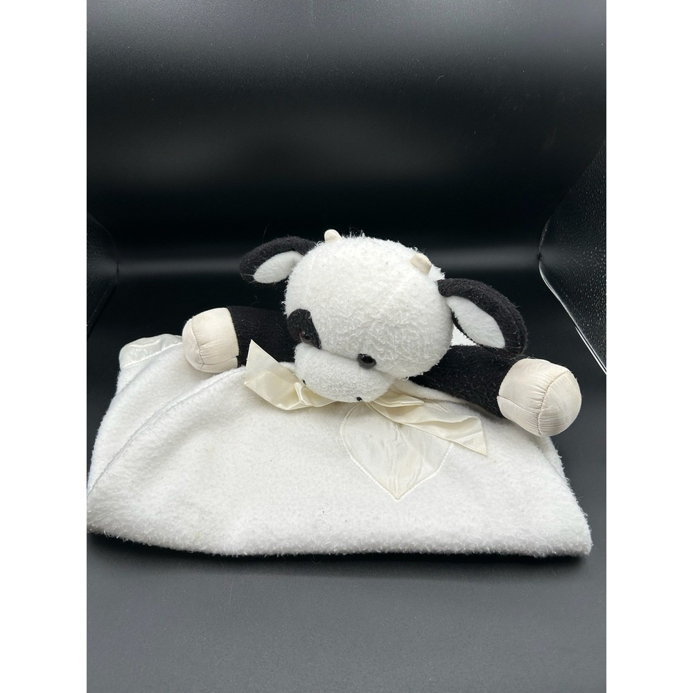 VTG Dakin Baby Cow Plush Lovey White Satin Heart Trim Bow Blanket